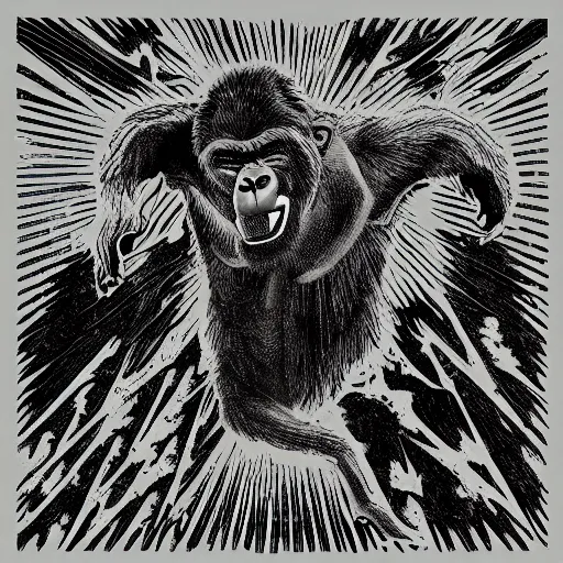 Image similar to gorilla falling from heaven, in the style of deathspell omega's fas album cover