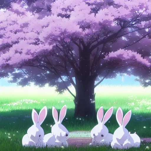 Image similar to A group of white bunny rabbits under the cherry tree, Makoto Shinkai