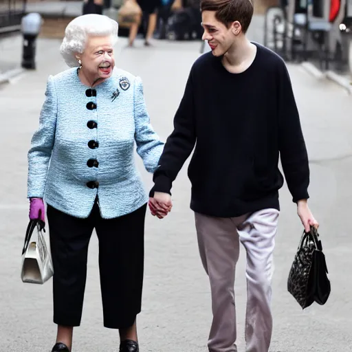 Image similar to pete davidson walking on the street, holding hands with queen elizabeth, candid photo