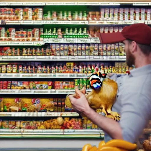 Image similar to anthropomorphic chicken man with chicken arms carefully considering chicken options in grocery store aisle, 8K hyper realistic render,