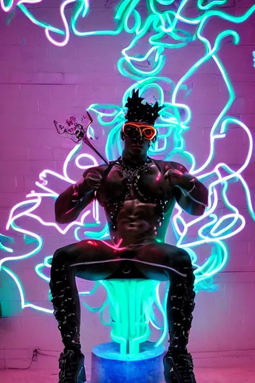 Image similar to full-body rococo and cyberpunk style neon statue of a muscular attractive Camilo wearing cholo shades macho dotado e rico android sim roupa reclining con las piernas abertas e la piroca dura, ethereal white dripping tar, glowing white lasers, pink tigers, glowing eyes, silver prince crown, black gears, pink diamonds, swirling mint-colored silk fabric. futuristic elements. full-length view. human skulls. large intricate artwork by caravaggio. Trending on artstation, octane render, cinematic lighting from the right, hyper realism, octane render, 8k, depth of field, 3D