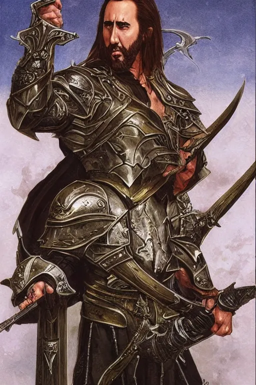 Prompt: Nicholas Cage as a paladin holding a longsword, detailed fantasy art by Gerald Brom