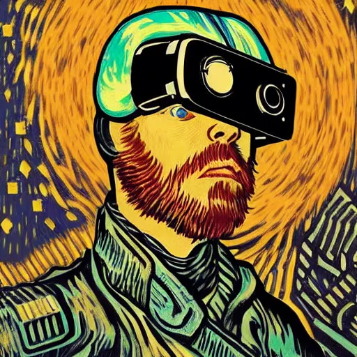 Image similar to Illustrated by Shepard Fairey and H.R. Geiger | Cyberpunk VAn Gogh with VR helmet, surrounded by cables