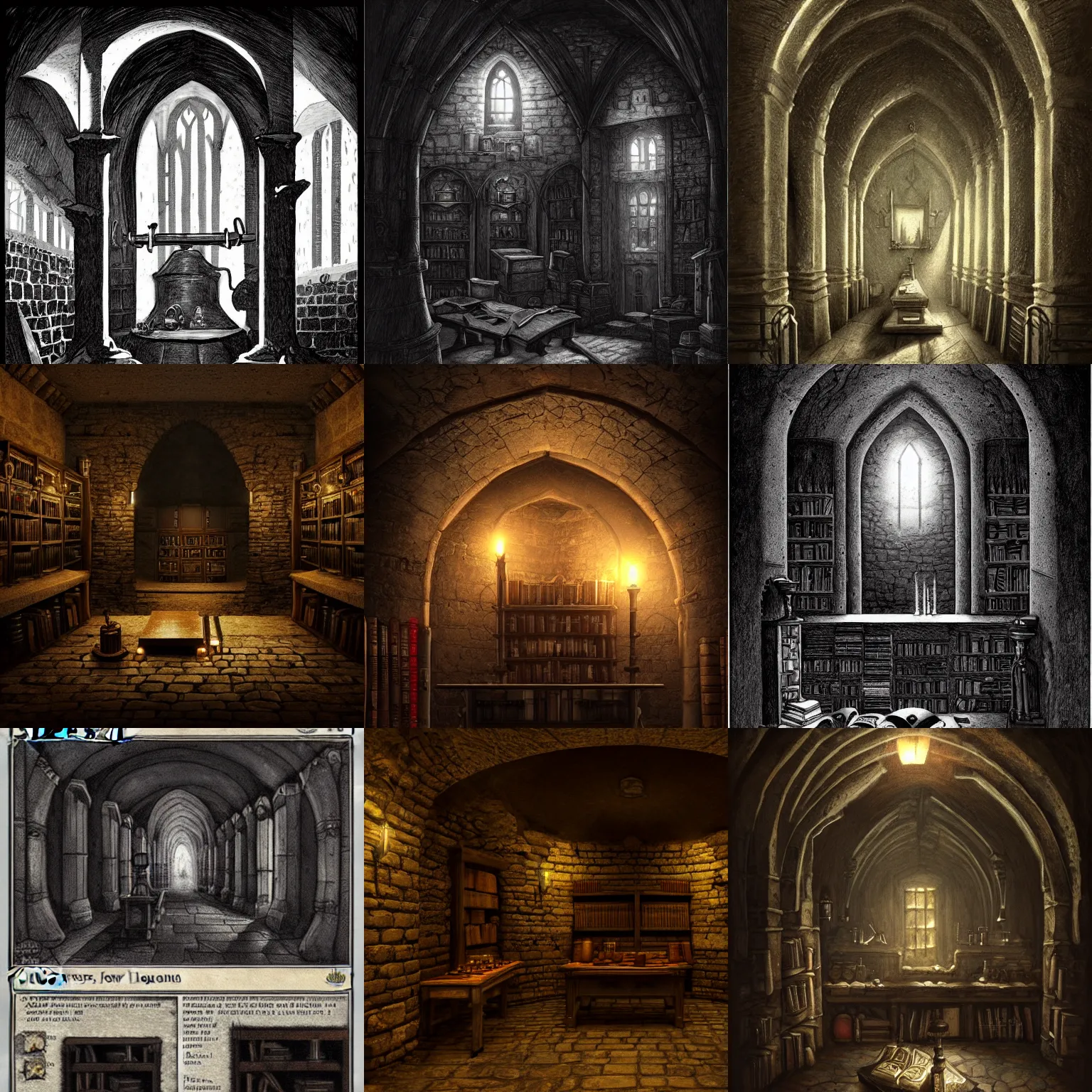 Prompt: dark crypt room with bookshelves filled with tomes and table with alchemy equipment, stone walls and pillars, gloomy, midnight, shadows, candlelight, trending on artstation, trending on cgsociety, trending on deviantart