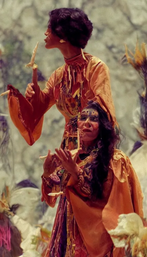 Image similar to movie still by alejandro jodorowsky, portrait of a multicultural beautiful female shamanic cult magician, performing a ritual to manifest dreams, magic details, cinestill 8 0 0 t eastmancolor technicolor, high quality, very detailed, heavy grain, fine facial features, 8 k, octane render