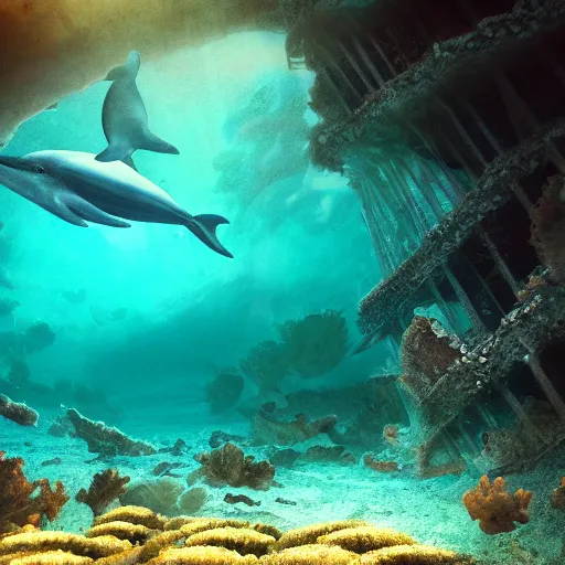 Prompt: underwater shipwreck surrounded by coral and dolphins, shallow depth of field, moody lighting, 8 k, concept art,