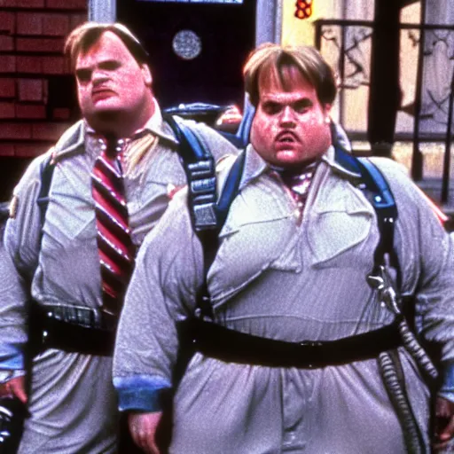Image similar to Chris Farley as a Ghostbuster in a still from the movie Ghostbusters 8k hdr