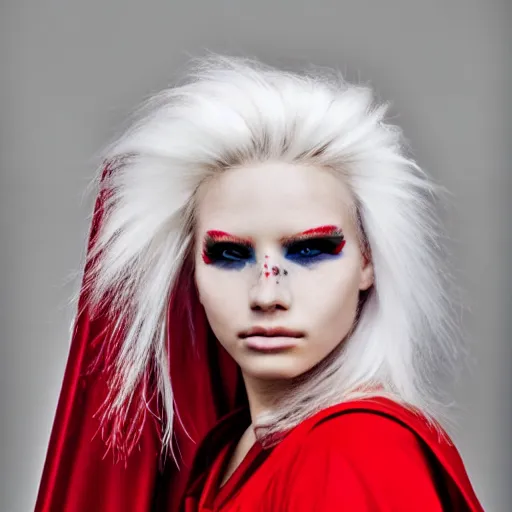 Prompt: beautiful female warrior with red cape , white hair, white eyes