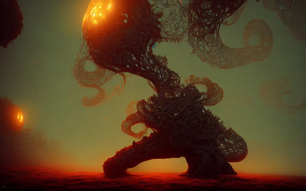 Image similar to the soul crushing weight of unlived dreams inflicts pain on the mind, intricate detailed illustration, fractal, cinematic lighting, wide angle, volumetric light scattering, bioluminescent, 8k, artstation, concept art, octane render, sunset