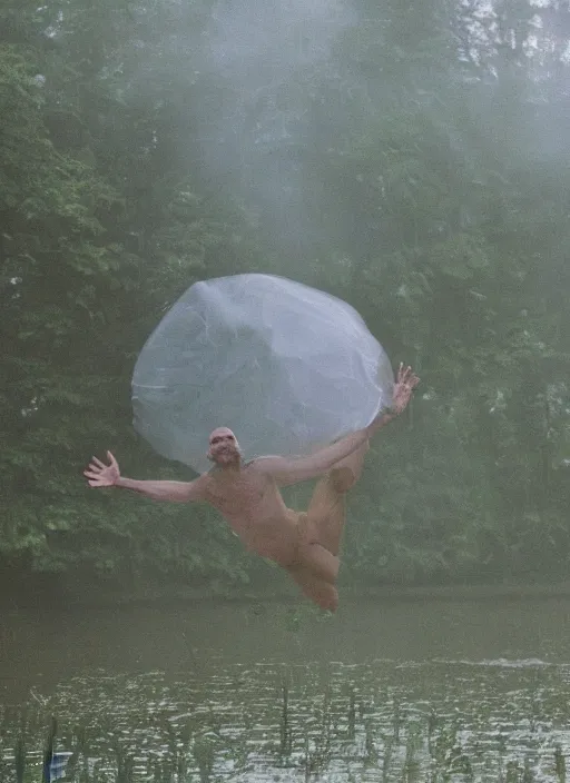 Image similar to semi translucent smiling frog amphibian hovering over misty lake in Jesus Christ pose, cinematic shot by Andrei Tarkovsky, paranormal, spiritual, mystical