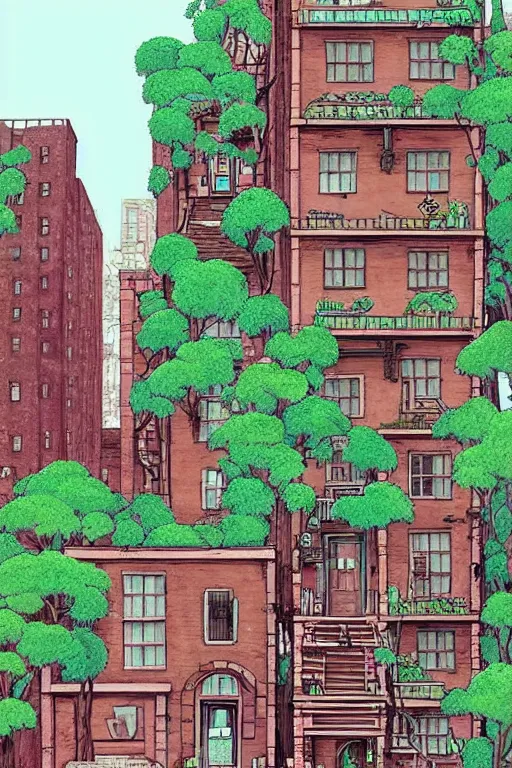 Image similar to (((((a ramshackle manhattan brick brownstone deep in the forest))))) by Studio Ghibli!!!!!!!!!!!!!!!!!!!!!!!!!!!