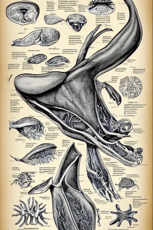 Prompt: anatomical encyclopedia illustration of a disturbing deep sea creature, photorealistic, diagram