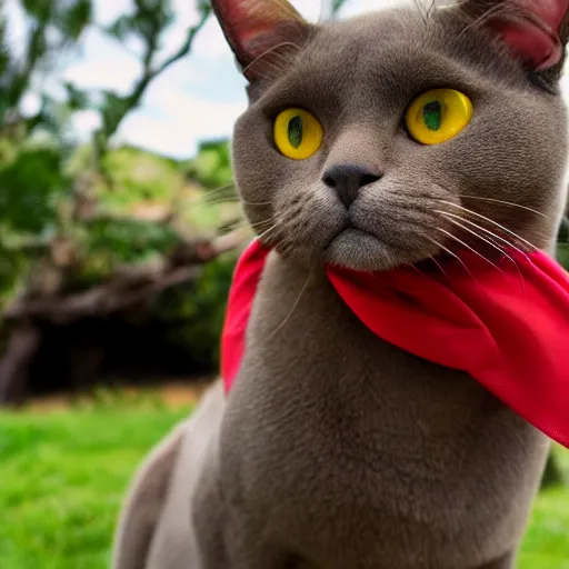 Image similar to a burmese cat with ginger fur, with a red bandanna around its neck and lots of mediterranean jewellery