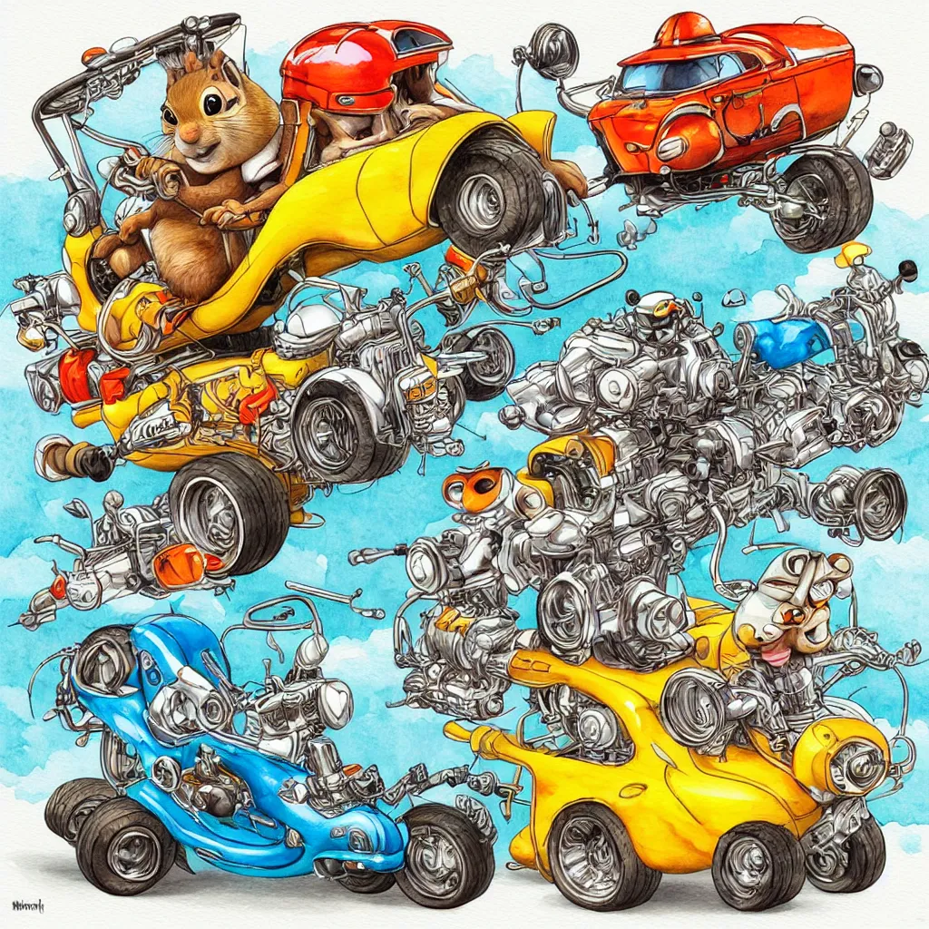 Image similar to cute and funny, squirrel wearing a helmet riding in a hot rod with oversized engine, ratfink style by ed roth, centered award winning watercolor pen illustration, isometric illustration by chihiro iwasaki, edited by range murata, tiny details by artgerm and watercolor girl, symmetrically isometrically centered, sharply focused