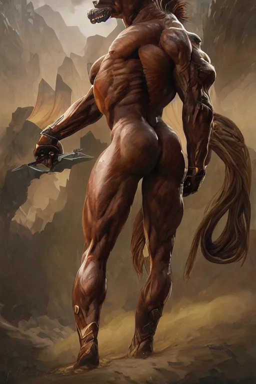 Image similar to splash art of a monstrously muscular anthro horse wearing a tactical bodysuit, full body, highly detailed, digital painting, artstation, concept art, sharp focus, illustration, art by artgerm and greg rutkowski and alphonse mucha