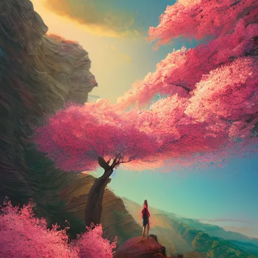 Image similar to giant cherry blossom as a head, girl hiking in a canyon, surreal photography, sunrise, dramatic light, impressionist painting, colorful clouds, digital painting, artstation, simon stalenhag