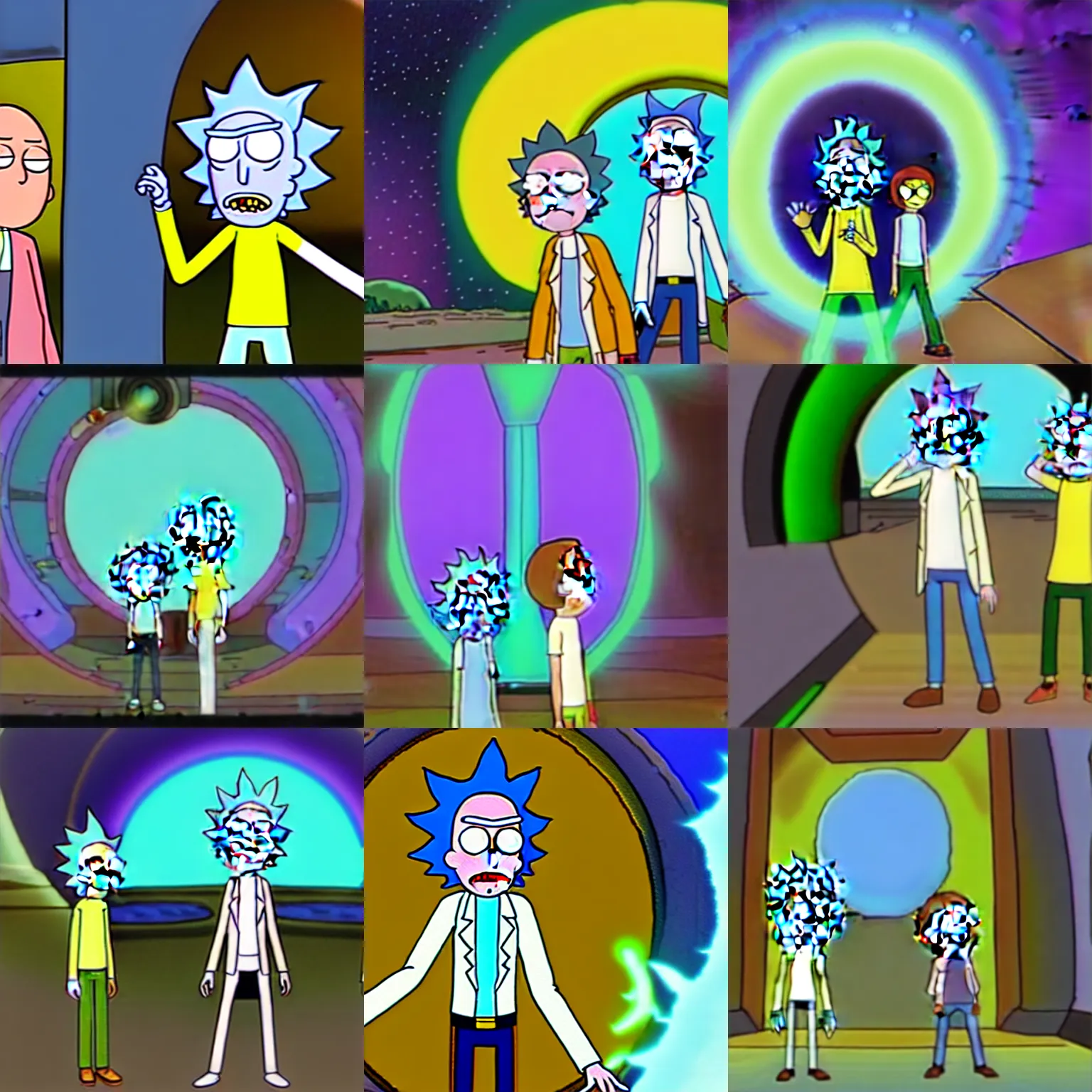 Prompt: rick and morty breaking the out of the cartoon simulation through a portal through the camera