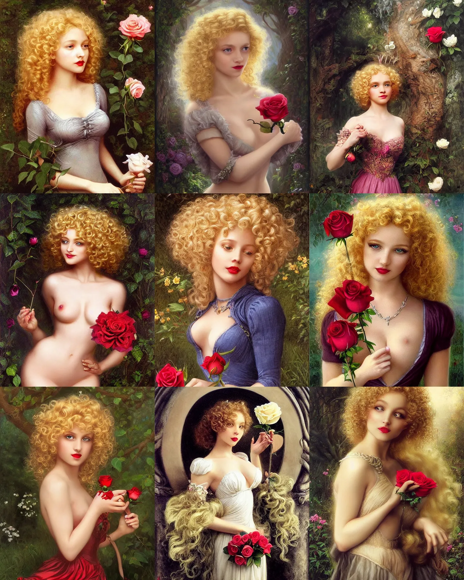 Prompt: beautiful mouse - girl, blonde curly hair, holding a rose, dark fantasy, feminine figure, gorgeous, pretty face, beautiful body, revealing outfit, high detail, tempting, realistic, edward robert hughes, henry justice ford