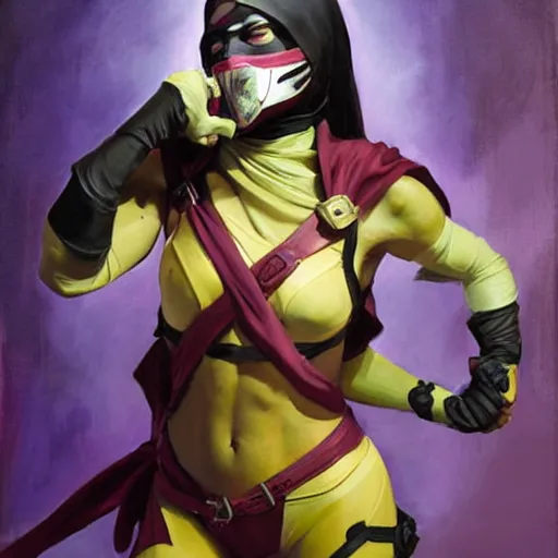 Prompt: greg manchess portrait painting of mileena from mortal kombat wearing a halfmask covering her mouth as overwatch character, medium shot, asymmetrical, profile picture, organic painting, sunny day, matte painting, bold shapes, hard edges, street art, trending on artstation, by huang guangjian and gil elvgren and sachin teng