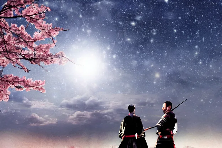 Image similar to solitary moonlight samurai duel featuring enrico letta vs matteo salvini, moonlight lake, starry sky and dark cherry blossoms falling