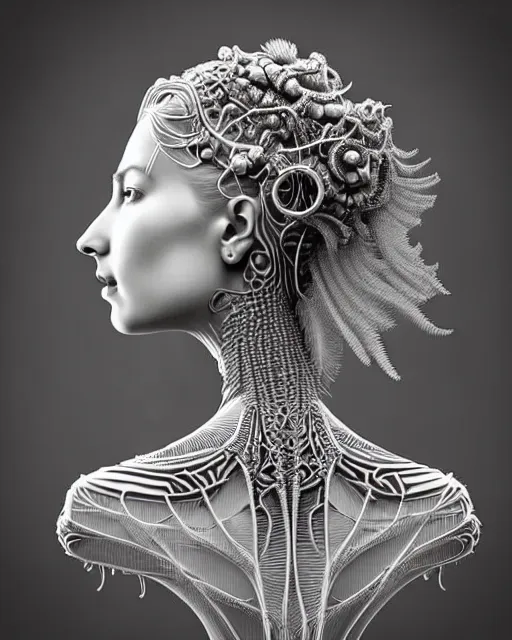Image similar to bw 3 d render of a beautiful young female queen - cyborg - vegetal, intricate fractal ornament in the bust with a very long neck, elegant, highly detailed intricate rococo ornament in her silver long hair, realistic, refined, highly detailed, cinematic outdoor lighting, by flora borsi in the style of dora maar, volumetric lighting, hyper realistic photography