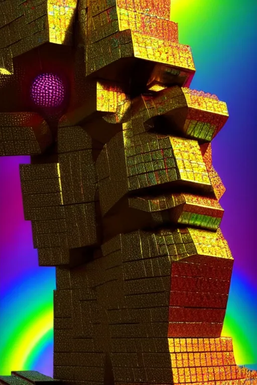 Image similar to concept art of fractal colorful bismuth metal giant golem : : shiny rainbow bismuth fractalization patterns : : extremely high details, masterpiece, photorealistic, hyperrealism, vray, octane render, volumetric lighting, depth of field, bokeh, artstation, cgsociety by elyse graham, johannen voss, greg broadmore