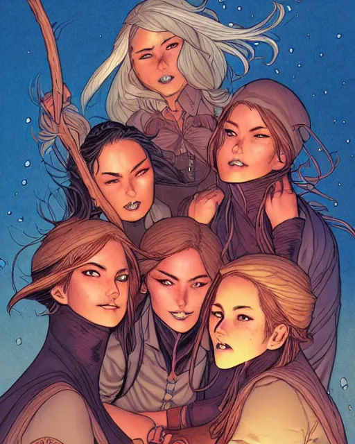 Image similar to fantasy comic cover art of a ( ( trio of cowgirls ) ) sitting around a bonfire, detailed faces, illustration by jenny frison and sana takeda and kenichi sonoda, intricate details, stunning inking lines, stunning gradient colors, 4 k, hd, artstation, award winning