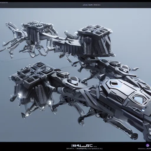 Image similar to hard surface, robotic platform, based on realistic spaceship, 6 claws, symmetric, unreal engine