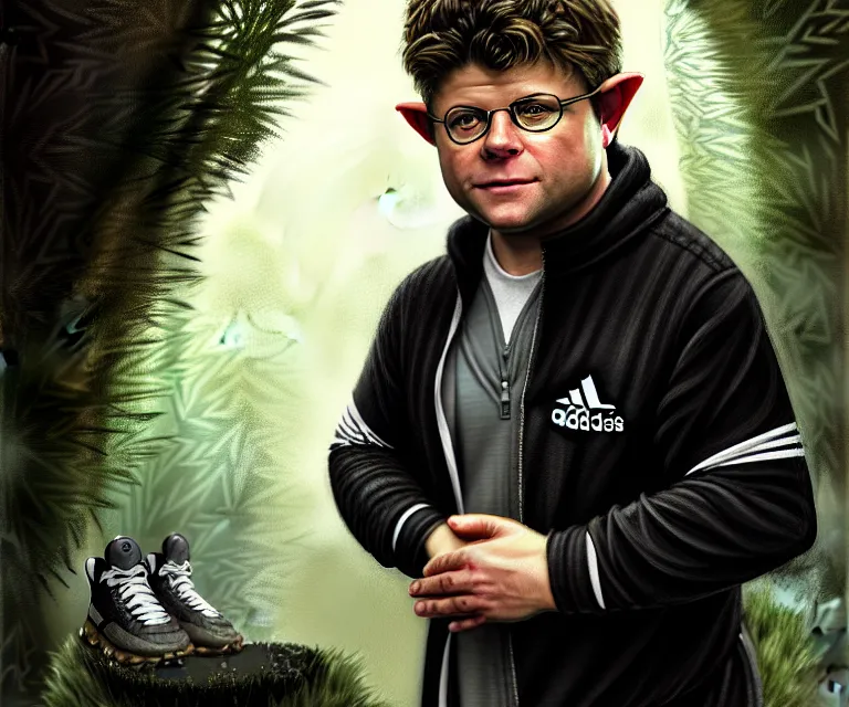 Prompt: a detailed fifty mm portrait of sean astin as a hobbit in a black adidas track suit with white stripes, headshot, highly detailed, digital painting, artstation, concept art, sharp focus, cinematic lighting, illustration, art by met mangindaan, artgerm and greg rutkowski, alphonse mucha, cgsociety