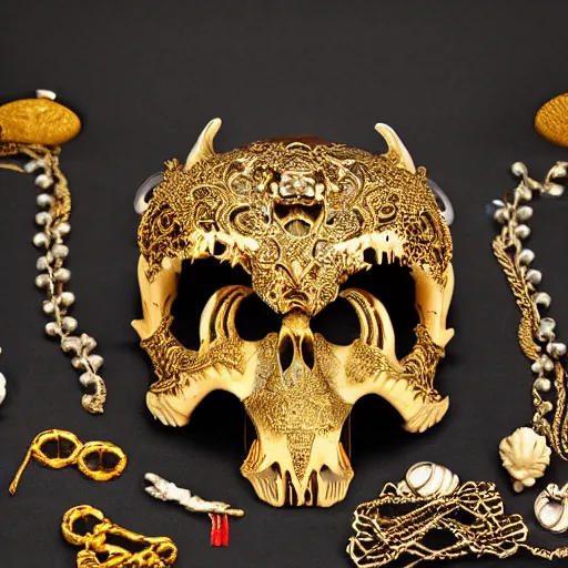 Image similar to wolf skull covered in gold intricate ornaments and jewelry, smoke in the back, chinese ivory sculpture, necroxii style, tarot, extremely high detail, black background