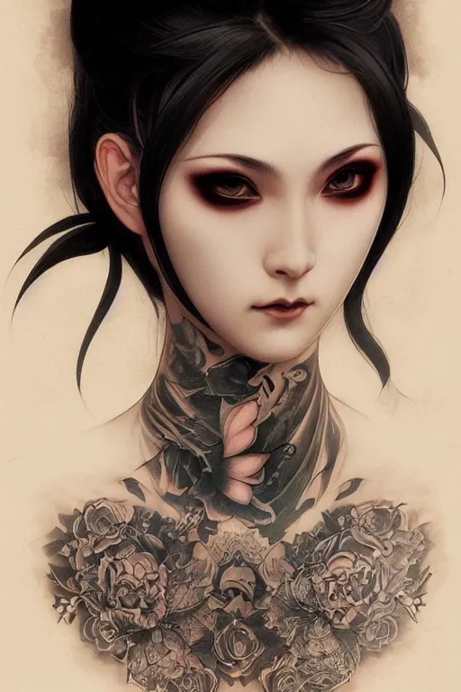 Prompt: portrait of goth yakuza girl tattoos, piercing, intricate, elegant, highly detailed, digital painting, artstation, concept art, smooth, sharp focus, illustration, art by artgerm and greg rutkowski and alphonse mucha and william-adolphe bouguereau