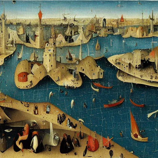 Image similar to Stunning and highly detailed painting of Port Rhu by Hieronymus Bosch