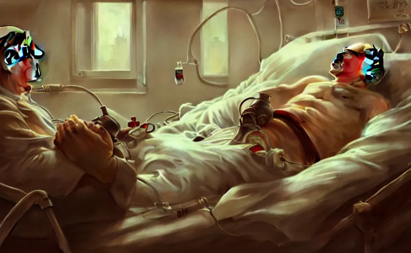 Image similar to Putin suffocates with oxygen mask on a hospital bed, intricate, portrait, highly detailed, digital painting, artstation, concept art, smooth, sharp focus, illustration, cinematic lighting, art by artgerm and greg rutkowski and alphonse mucha