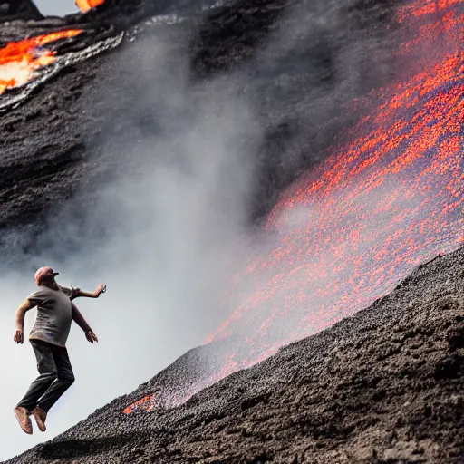 Prompt: elderly man jumping over a lava flow, jump, stunt, volcano, hot, eruption, magma, lava, canon eos r 3, f / 1. 4, iso 2 0 0, 1 / 1 6 0 s, 8 k, raw, unedited, symmetrical balance, wide angle