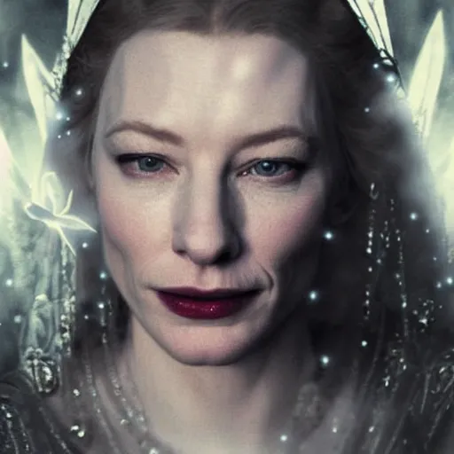 Prompt: portrait of ((mischievous)), baleful young Cate Blanchett as Galadriel as a queen of ((fairies)), dressed in a beautiful silver dress. The background is a dark, creepy eastern europen forrest. night, horroristic shadows, high contrasts, lumnious, photorealistic, dreamlike, (mist filters), theatrical, character concept art by ruan jia, thomas kinkade, and J.Dickenson, trending on Artstation