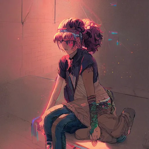 Prompt: portrait of a grungy cyberpunk anime in magic pose, very cute, by super ss, cyberpunk fashion, curly pink hair, night sky by wlop, james jean, victo ngai, muted colors, highly detailed