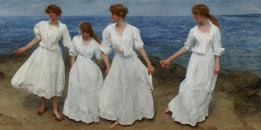 Prompt: 2 young edwardian women wearing white dresses hold hands on a beach in Sweden, in the style of Anders Zorn