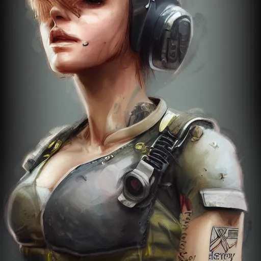 Image similar to tattooed dirty stoic butch heroic emotionless blonde woman computer engineer in tattered dirty flight suit, very short messy hair, highly detailed, digital painting, artstation, concept art, matte, sharp focus, illustration, art by artgerm