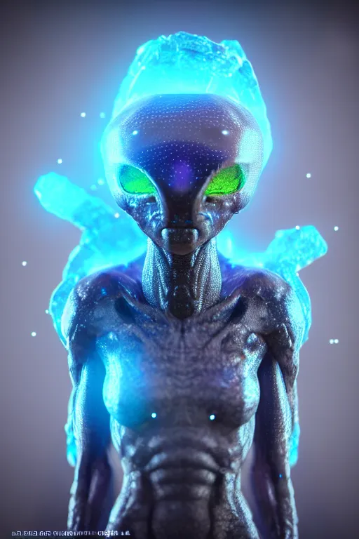 Image similar to skin concept alien, in full growth, mineral crystals instead of skin, magical crystals, smoky crystals, translucent crystals, luminous sparkling crystals, many details, 3 d, cinematic, hyper realism, high detail, octane render