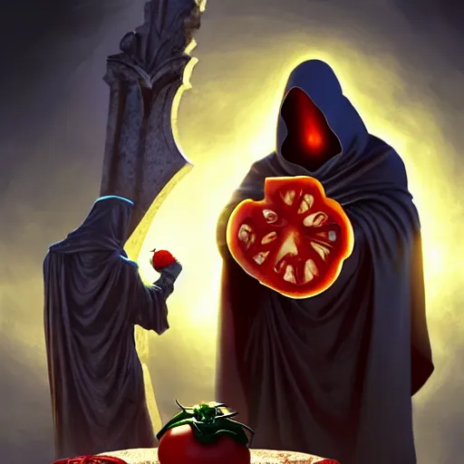 Image similar to a hooded cultist is stabbing a tomato placed on an altar, in front of a stone statue of a forgotten god, by patrick mcenvoy and michael komarck and fantasy flight, incredible quality, trending on artstation