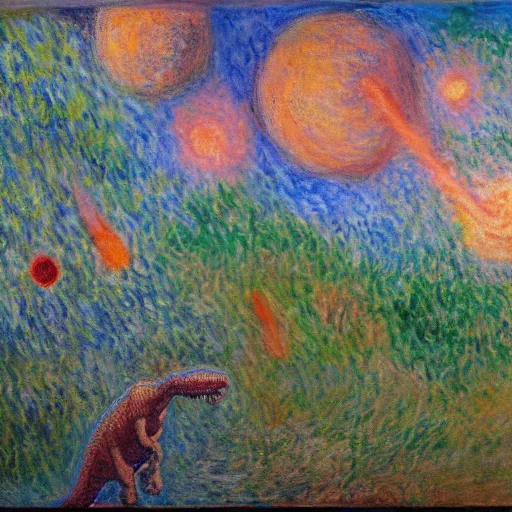 Image similar to painting of the extinction of the dinosaurs with asteroid and fire, in the style of claude monet