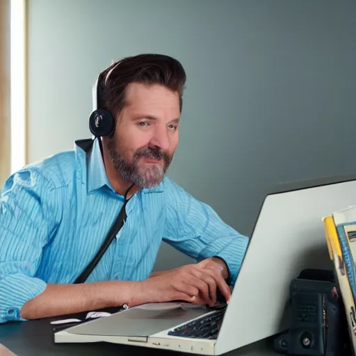 Image similar to caucasian man with turquoise shirt sitting in front of computer with large webcam! mounted on top