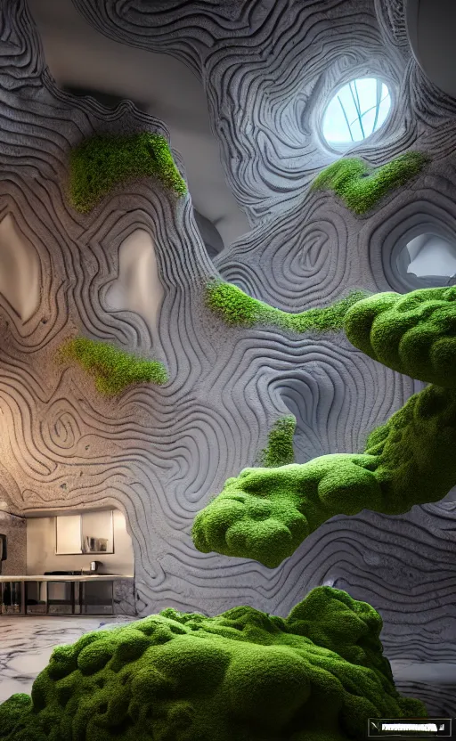 Image similar to highly detailed ultra sharp 3 d render villa interior cinematic composition of a smooth ceramic porcelain biomorphic magnolia stone nebula fluid fractal sci - fi surreal architecture landscape, corals, granite, marble, moss, lichen, callebaut composition, mamou - mani, archviz, beautiful lighting, 8 k, unreal engine, hdr