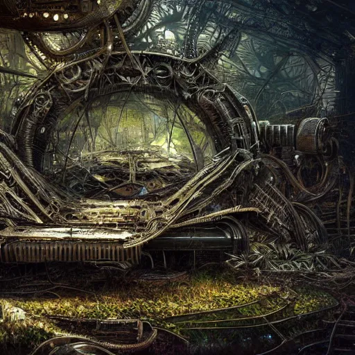 Prompt: highly detailed intricate digital painting of a derelict futuristic machine covered in mystical foliage, trending on artstation, 4k, award-winning art, beautiful somber melancholic atmosphere