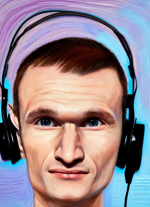 Prompt: vitalik buterin in headphones. vitalik buterin, close up, perfect symmetric face, coherent eyes, cute happy face, fine details., 4 k, hans zatska, oil paint