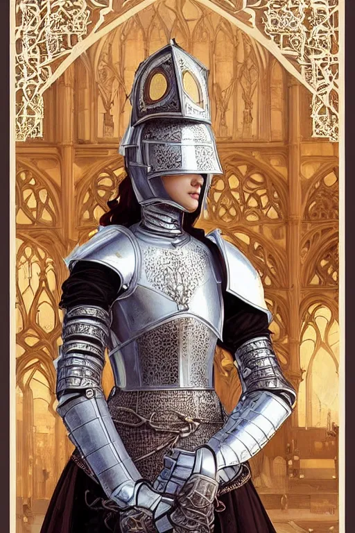 Image similar to beautiful luxury and holy and victorian and divine young northern europe female medieval white armor knight portrait like lisa blackpink+shinny eyes+front face with light flowing hair, ultradetail face, ruined gothic cathedral, art and illustration by tian zi and craig mullins and WLOP and alphonse mucha, ssci-fi, fantasy, intricate complexity, human structure, hypermaximalist, fantasy character concept, dynamic lighting, neon light, watermark, blurry, hyperrealism 8k
