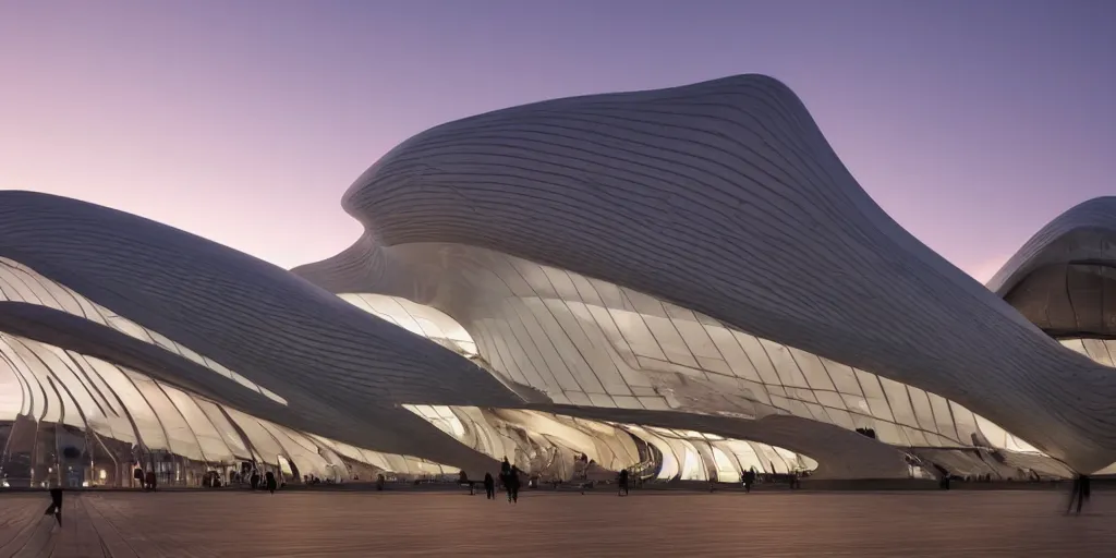 Image similar to extremely elegant smooth detailed stunning sophisticated beautiful elegant futuristic museum exterior by Zaha Hadid, smooth curvilinear design, stunning volumetric light, stainless steel, concrete, translucent material, beautiful sunset, tail lights