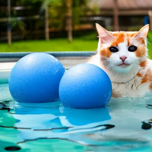 Image similar to cat with floating bouy enjoying a swim at the pool