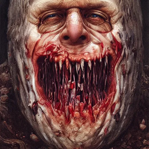 Prompt: a portrait of sergey lavrov, flesh eating worms, macabre, horror saw teeth, horror rotten teeth, peeling face skin, by donato giancola and greg rutkowski and wayne barlow and zdzisław beksinski, realistic face, visible face, digital art, artstation, symmetry