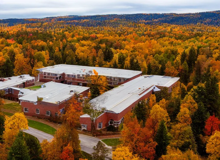 Prompt: low drone shot of a beautiful ranch style School campus in the middle of the Woods during autumn